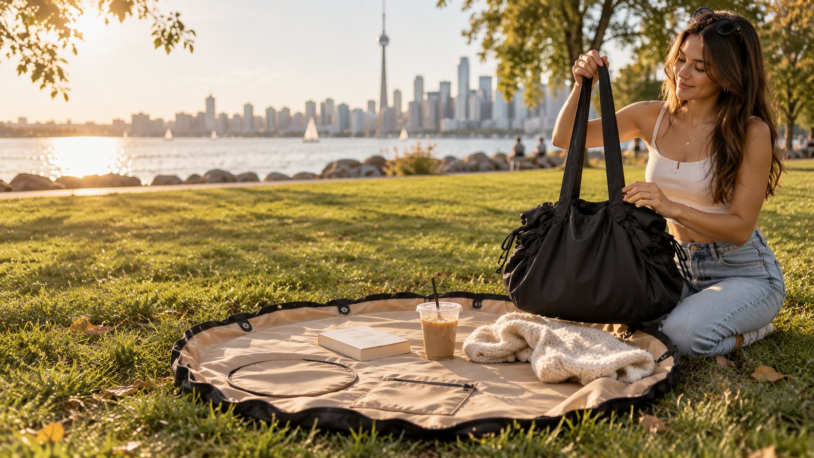 Woman packing a Tossly bag on a picnic mat by the lake